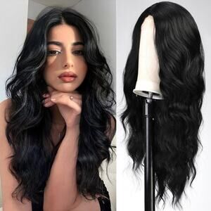 Women’s Wig 22” Black Wavy Loose Long Curls Lace Front Tab Middle Part Synthetic